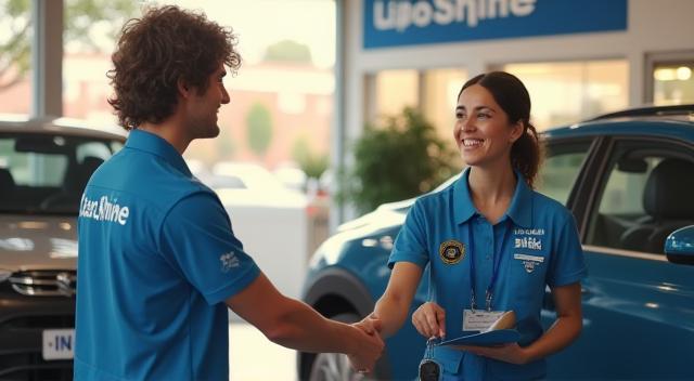 Friendly ClearShine team member handing keys to smiling customer