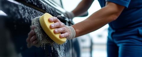 Technician washing car exterior by hand